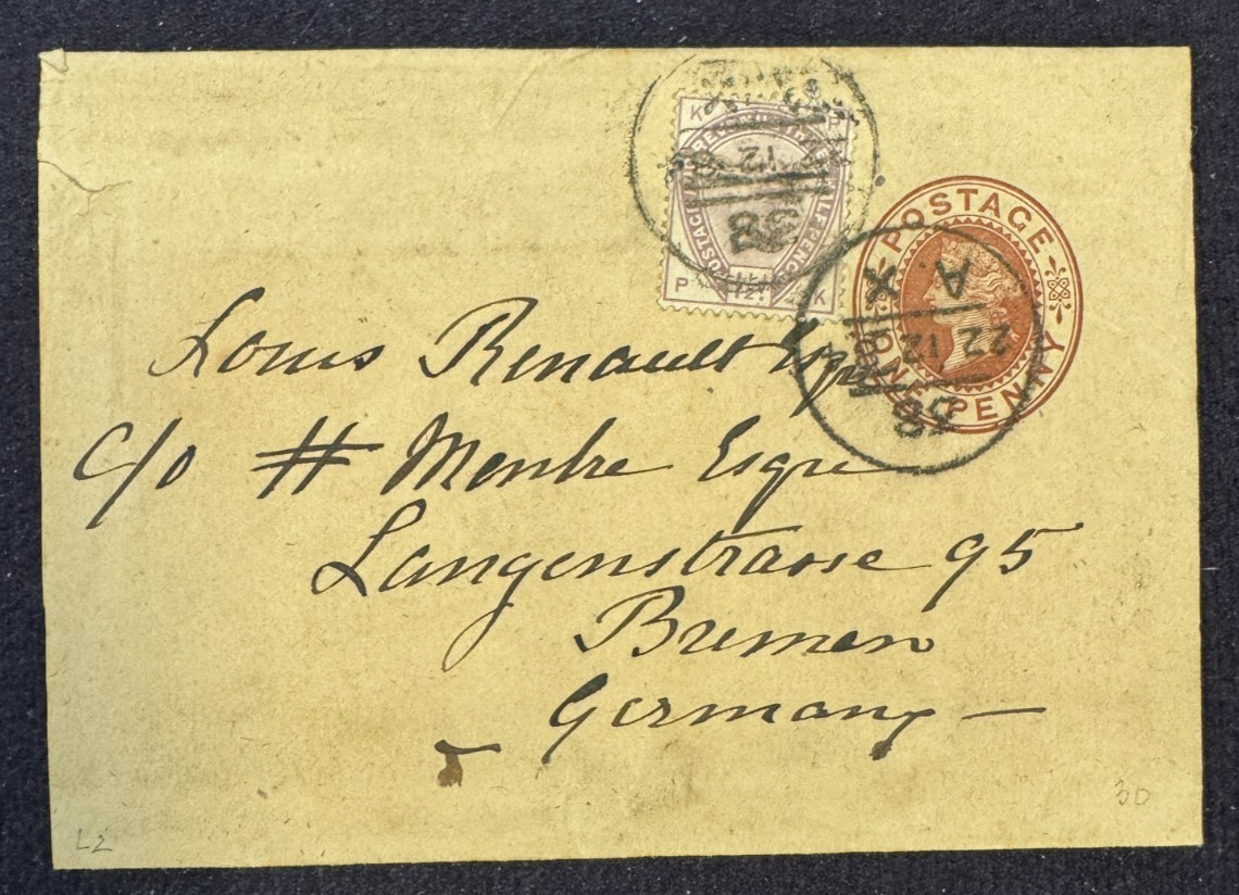 Entero / Gran Bretaña Reina Victoria Banda Diario + 1 Penique / 1884 Alemania