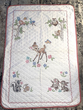 Vintage Disney Bambi Friends Hand Cross Stitch Baby Crib Quilt 39x55 Mint