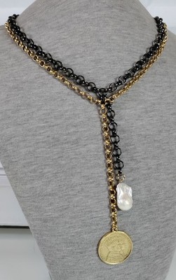 Yochi NY Double Strand Two Tone Lariat Necklace w/Faux Coin & Baroque Pearl
