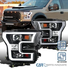 Fits 2015-2017 Ford F150 Black Projector Headlights LED Strips Bar Tube Lamps