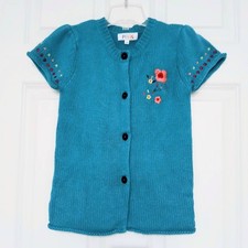 Teal Aqua Short Sleeve Knit Cardigan w Colorful Embroidered Flowers Girls Sz 10