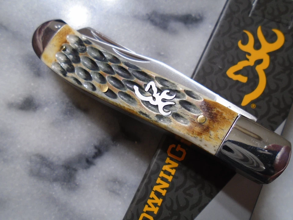 Carpeta de cuchillo de bolsillo Browning Burnt Jig Bone 2 hojas trampero BR0551B 4" cerrada Foto 4 de 4