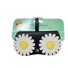 Daisy Eyeglass Sunglass Pouch Black Vinyl White Flower Hanging Loop Snap Closure