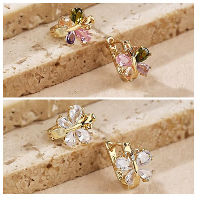 Luxus Damen Huggies Creolen Schmetterling Weiß/Farbig Zirkonia 18K Gold vergolde