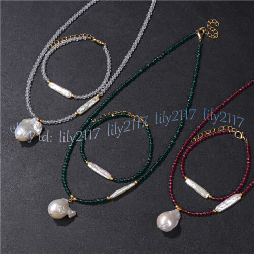 3mm Faceted Spinel Round Beads White Baroque Pearl Pendant Necklace Bracelet Set - Picture 1 of 28