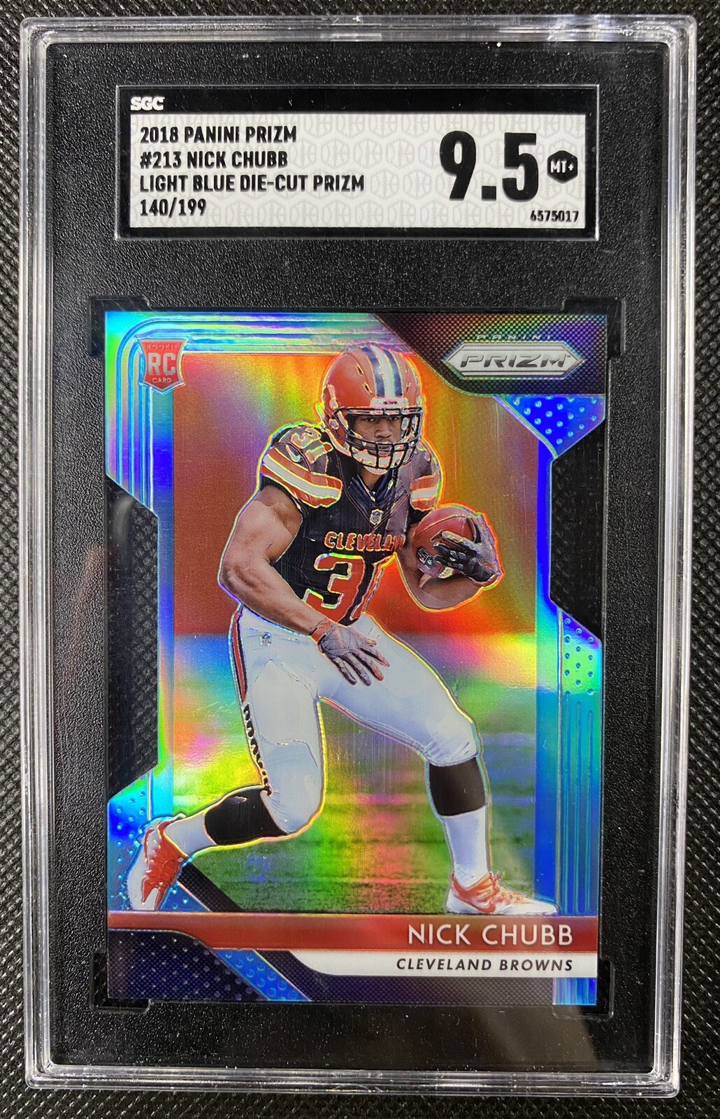 2018 Panini Prizm Nick Chubb Light Blue Die Cut Prizm Rookie /199 #213 SGC 9.5