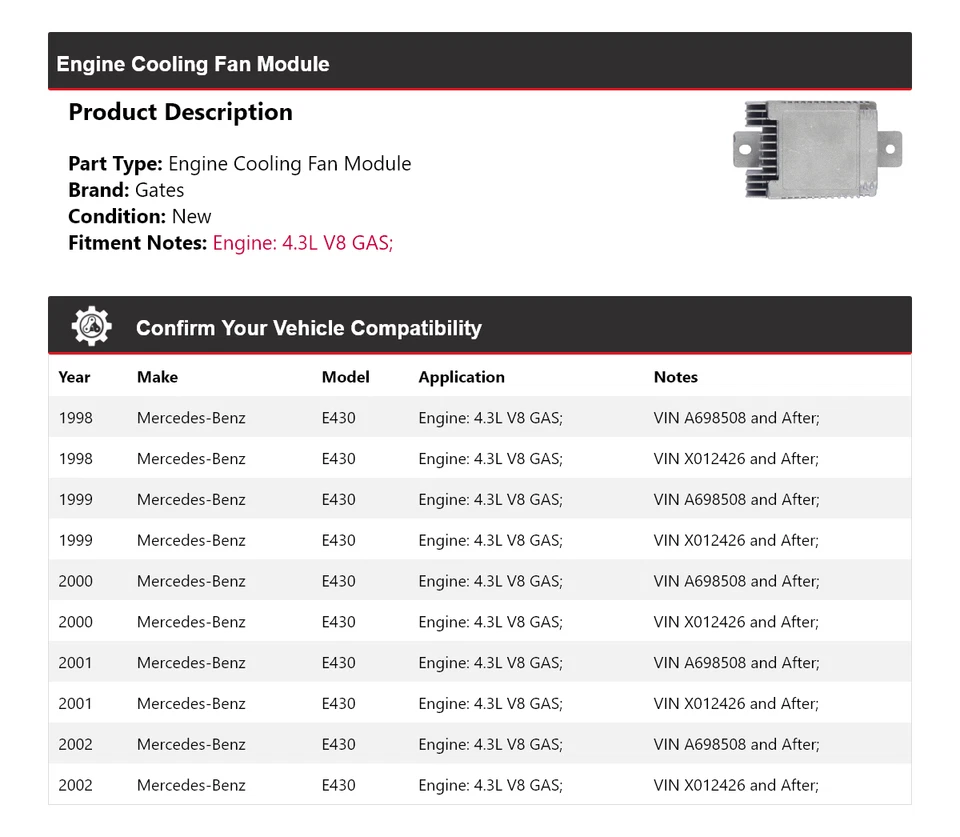 Para Mercedes-Benz E430 1998-2002 4,3 L V8 motor ventilador de refrigeración módulo puertas Foto 2 de 4
