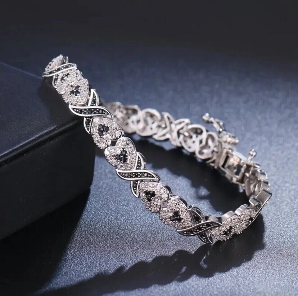 Теннисный браслет 8 карат круглый с имитацией черных бриллиантов 7,5 дюйма настоящее белое серебро высшей пробы - Изображение 2 из 4