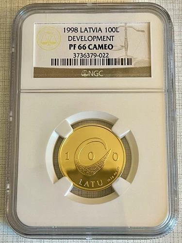 Latvia 1998 Development 100 Latu Gold NGC PF66 CAMEO SKU# 3188