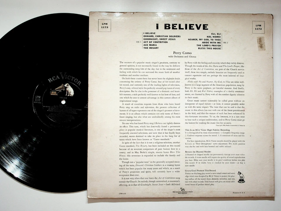 Perry Como I Believe LP RCA Victor LPM-1172 1956 Gospel Spiritual Vinyl - Image 2 of 2