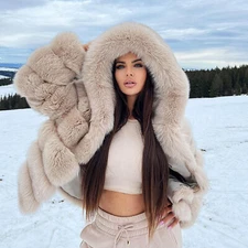 New 100% Real Fox Fur Coat Hooded Winter Warm Short Jackets Women Thick Overcoat