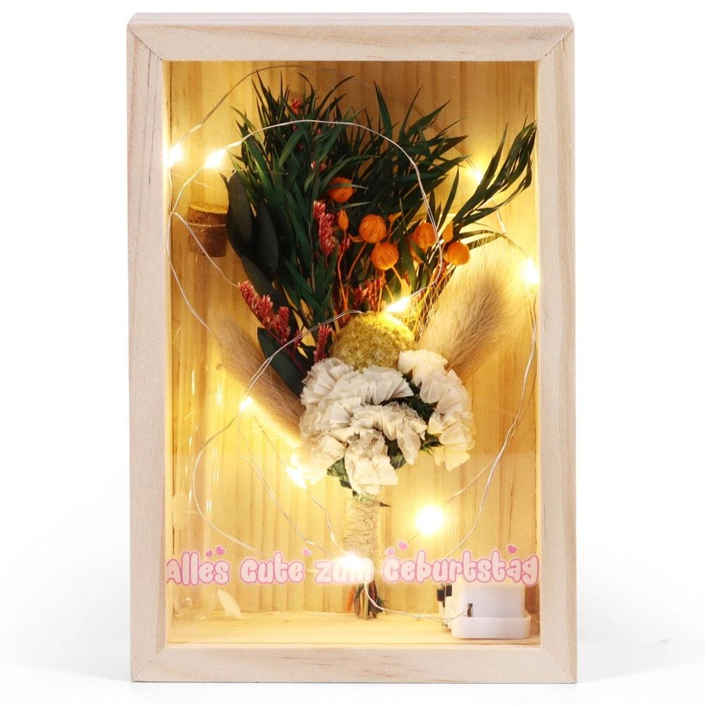 Hochzeit Muttertag Geburtstagsgeschenk Trockenblumenstrauß Massivholzbox mit LED