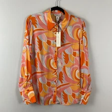 Rachel Zoe Button Up Shirt Size Large Orange Multicolor Abstract Print
