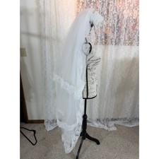 Vintage White Lace Pillbox Bridal Veil Two Tier Tulle Faux Pearl Accents