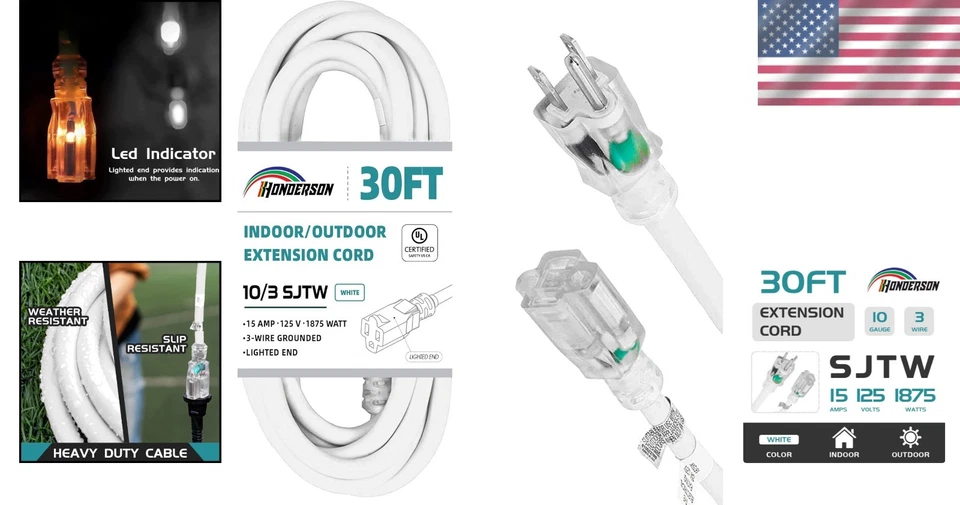 Moisture-Resistant 30FT Extension Cord - 10 Gauge Heavy Duty with Safety Light - Image 2 of 4
