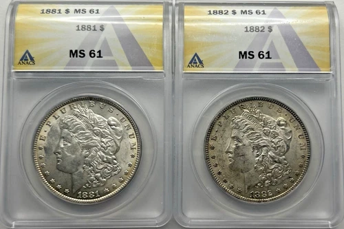 1881 & 1882 $1 Silver Morgan Dollar 2-Coin Lot MS 61 ANACS Certified