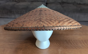 Vintage CHINESE Oriental WOVEN Hat Rice Fields 17" wide CONICAL Dome