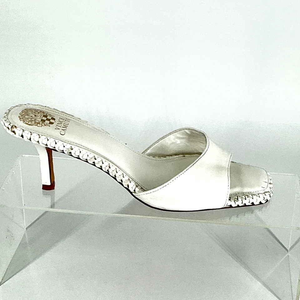 Vince Camuto Size 11 White Leather Heeled Mules Slides Braided Sandals Emmla - Image 2 of 4