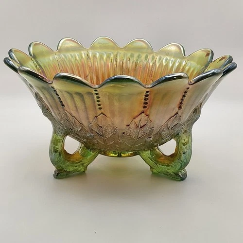 Antique Northwood Green Carnival Glass Leaf and Beads Footed Rose Bowl