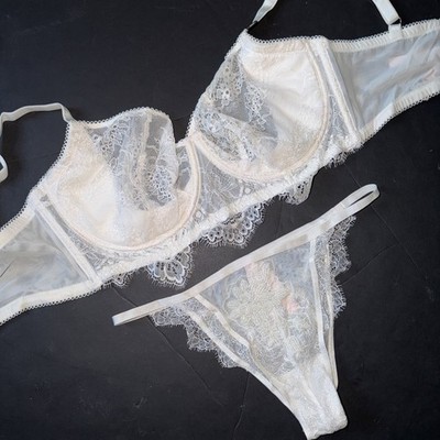 Victoria's Secret unlined 36DDD BRA SET M itsy beaded panty COCONUT WHITE lace