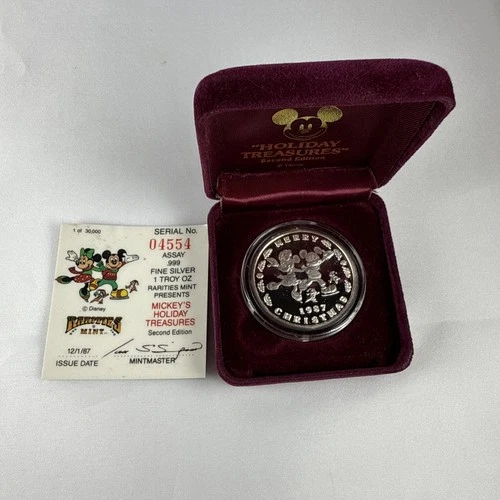 1987 Disney Merry Christmas Happy New  Year 1 oz .999 Silver Mickey Mouse Minney