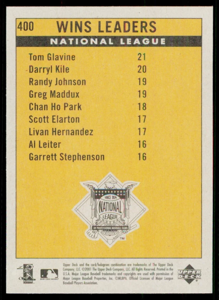 2001 Upper Deck Vintage #400 AL Wins Leaders - Image 2 of 2
