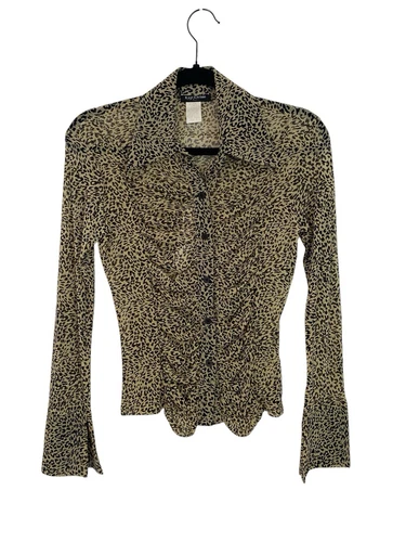 Camicia vintage Kay Celine trasparente leopardata maglia arricciata con bottoni scollo a v top 8