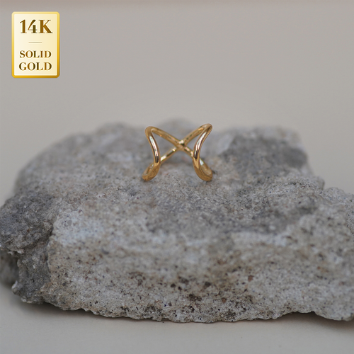 14K REAL Solid Gold Twist X Minimalist Ear Cuff Ring, Non Piercing Ear Cuff - Picture 3 of 3