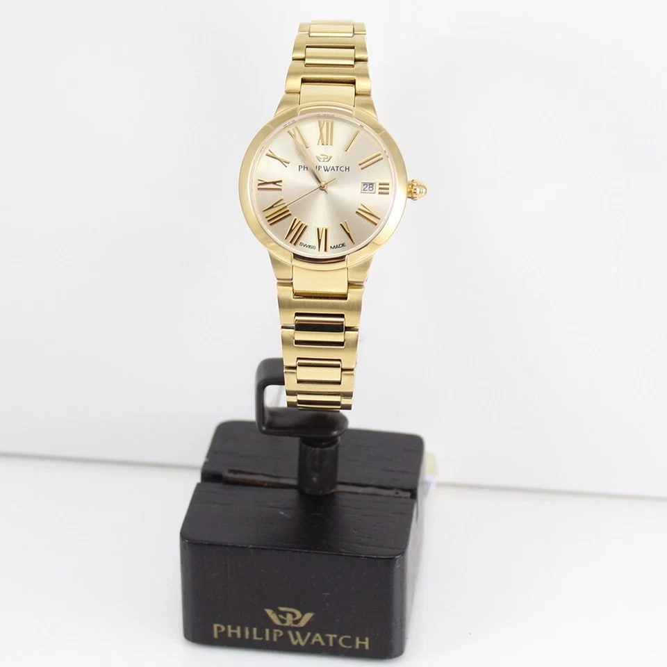 Reloj Philip para mujer Corley acero PVD oro amarillo hecho en Suiza con indicador de fecha Foto 3 de 4