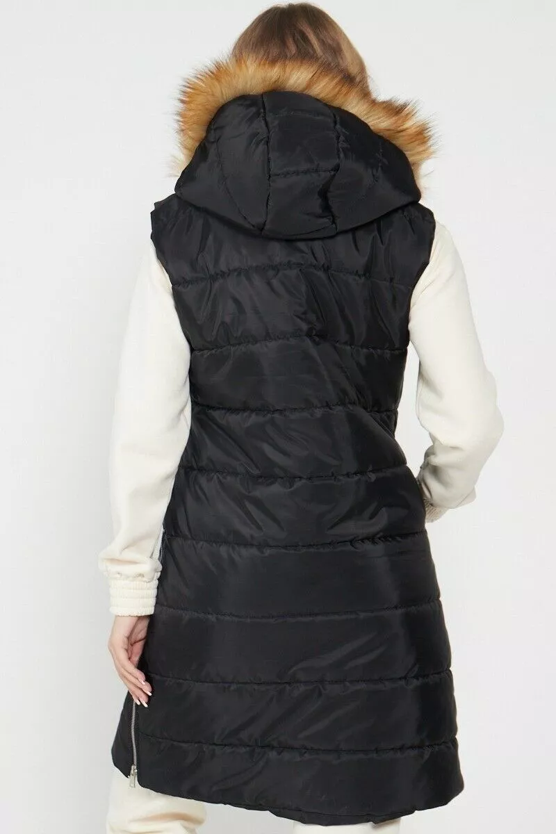 Long padded gilet store with hood