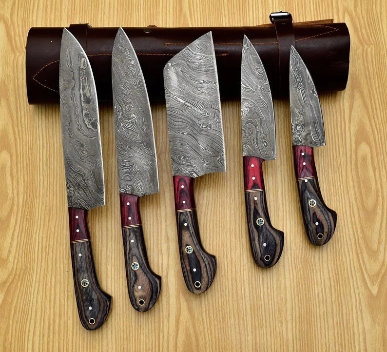CUSTOM HANDMADE FORGED DAMASCUS STEEL CHEF KNIVES SET WITH LEATHER ROLL BAG