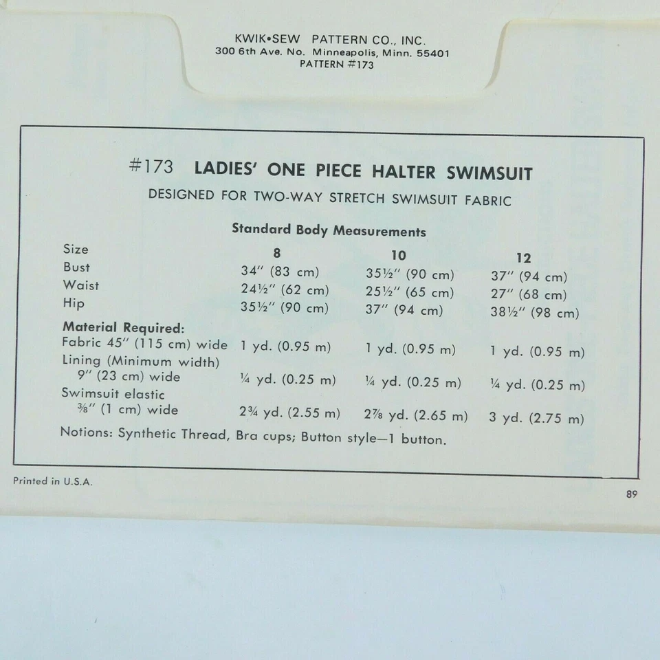 Kwik Sew 173 Misses One Piece Halter Swimsuit Sewing Pattern Uncut Size 8-12 - Image 4 of 4