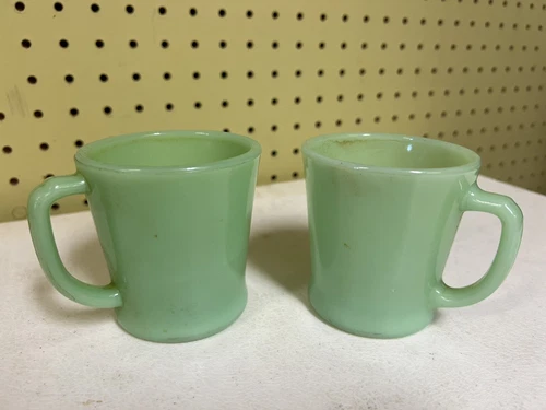 2 Anchor Hocking Fire King Jadeite coffee tea cup D handle made Green *as Is