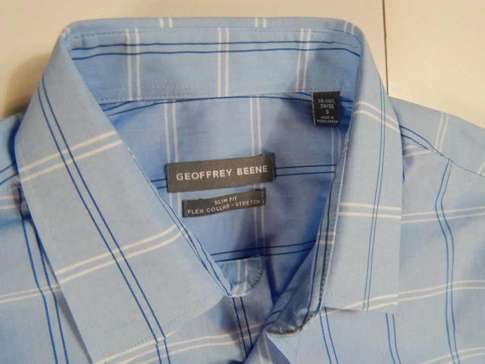 Camisa de vestir Geoffrey Beene para hombre ajustada azul cuello flexible a cuadros 14-14,5 34/35 S Foto 2 de 4