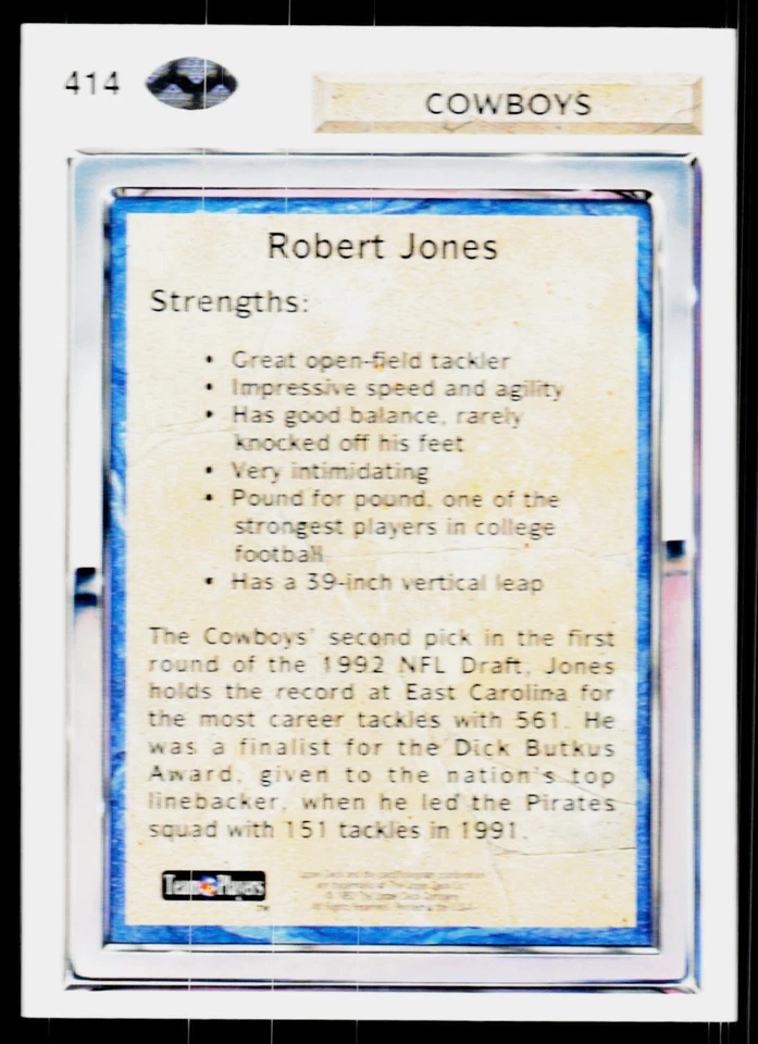 Robert Jones, 1992 Upper Deck Football Card, #414, Dallas Cowboys, RC - Image 2 of 2