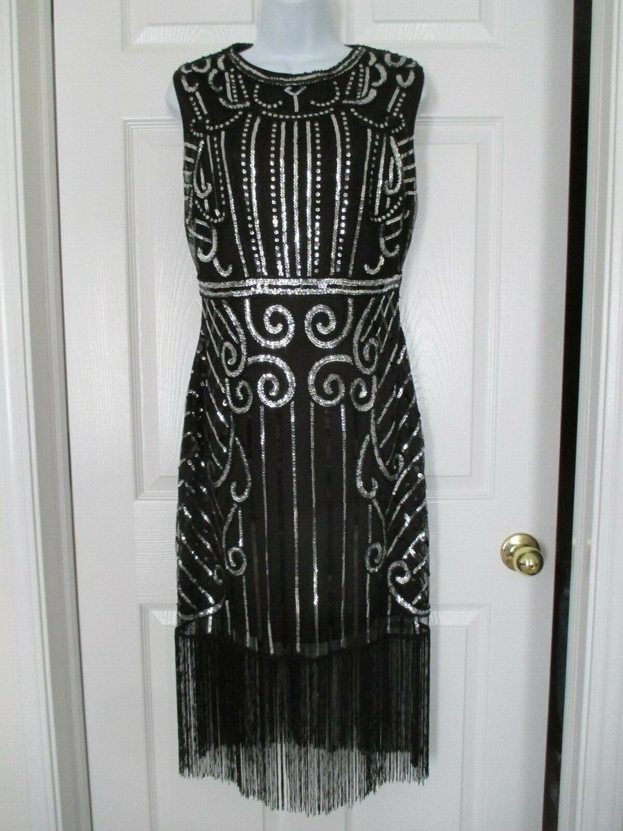 Unique Vintage Black Silver Beaded Sequin Flapper Gatsby Fringe
