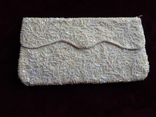 Vintage Bon Soir White Beaded Sequined Evening Bag, Clutch Purse, Floral Branch
