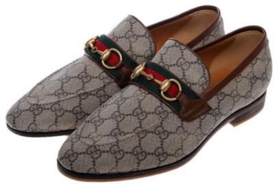 NEW GUCCI MEN'S CURRENT GG SUPREME CANVAS HORSEBIT WEB LOAFER SHOES 
