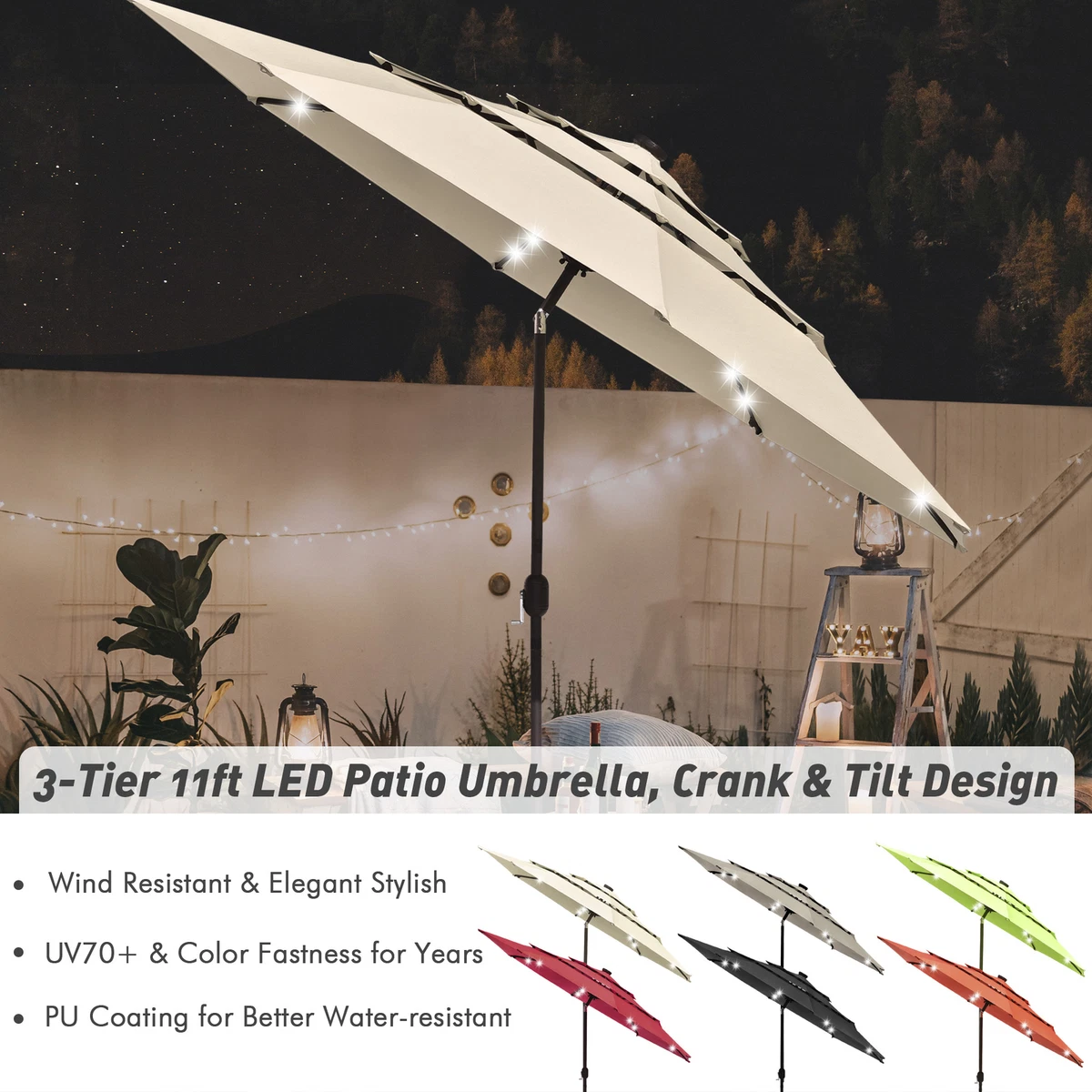 3-Tier 11 Ft Patio Umbrella with Solar Powered LED Crank Tilt Button  Backyard | eBay