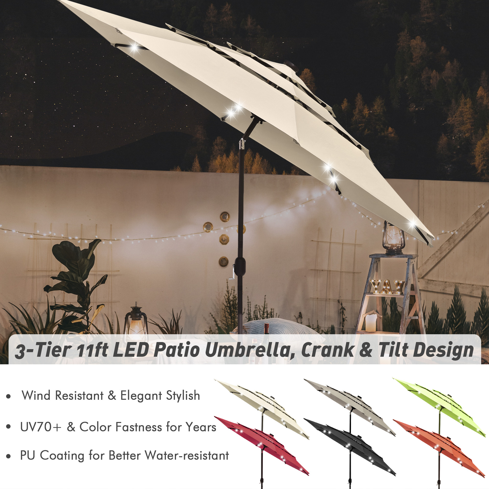 3-Tier 11 Ft Patio Umbrella with Solar Powered LED Crank Tilt Button  Backyard | eBay