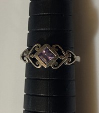 Solid .925 Sterling Silver Amethyst Ring Princess Cut W/ Heart Accents        