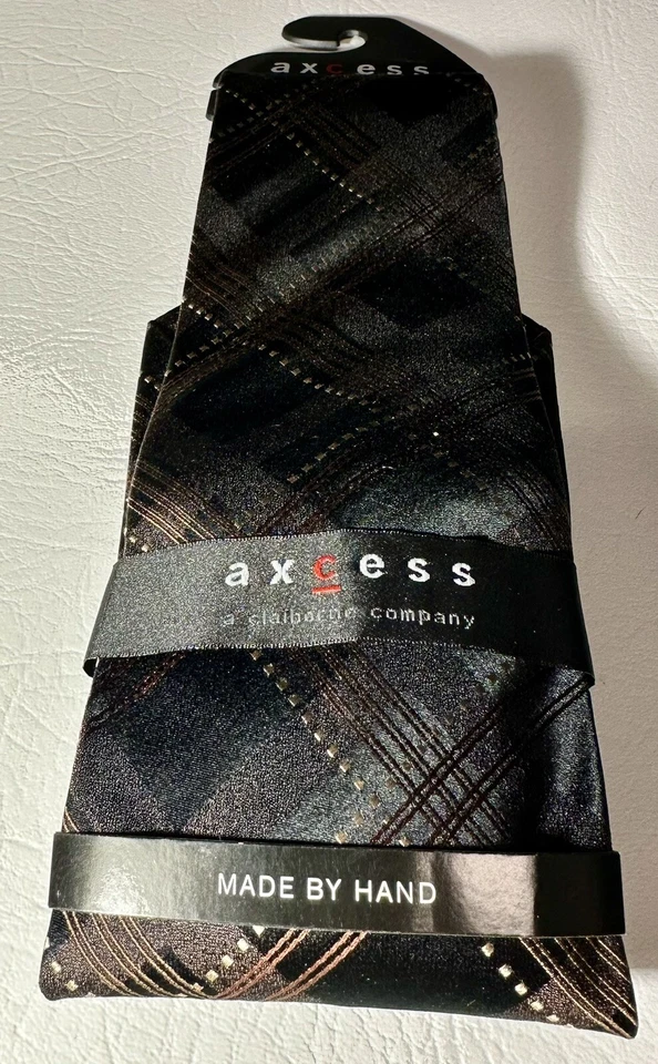Axcess NUEVO Con Etiquetas Negro Marrón Patrón A Cuadros Hombre Corbata Cuello Seda Foto 2 de 4