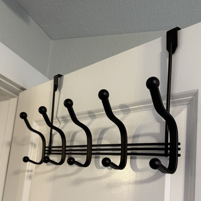 Black Metal Over-the-Door Coat & Hat Rack, Modern Painted Finish, 6 Hooks
