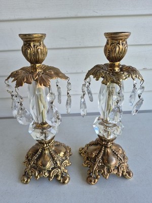 NICE VINTAGE CANDELABRA,CANDLE HOLDERS PAIR OF TWO WITH PRISMS