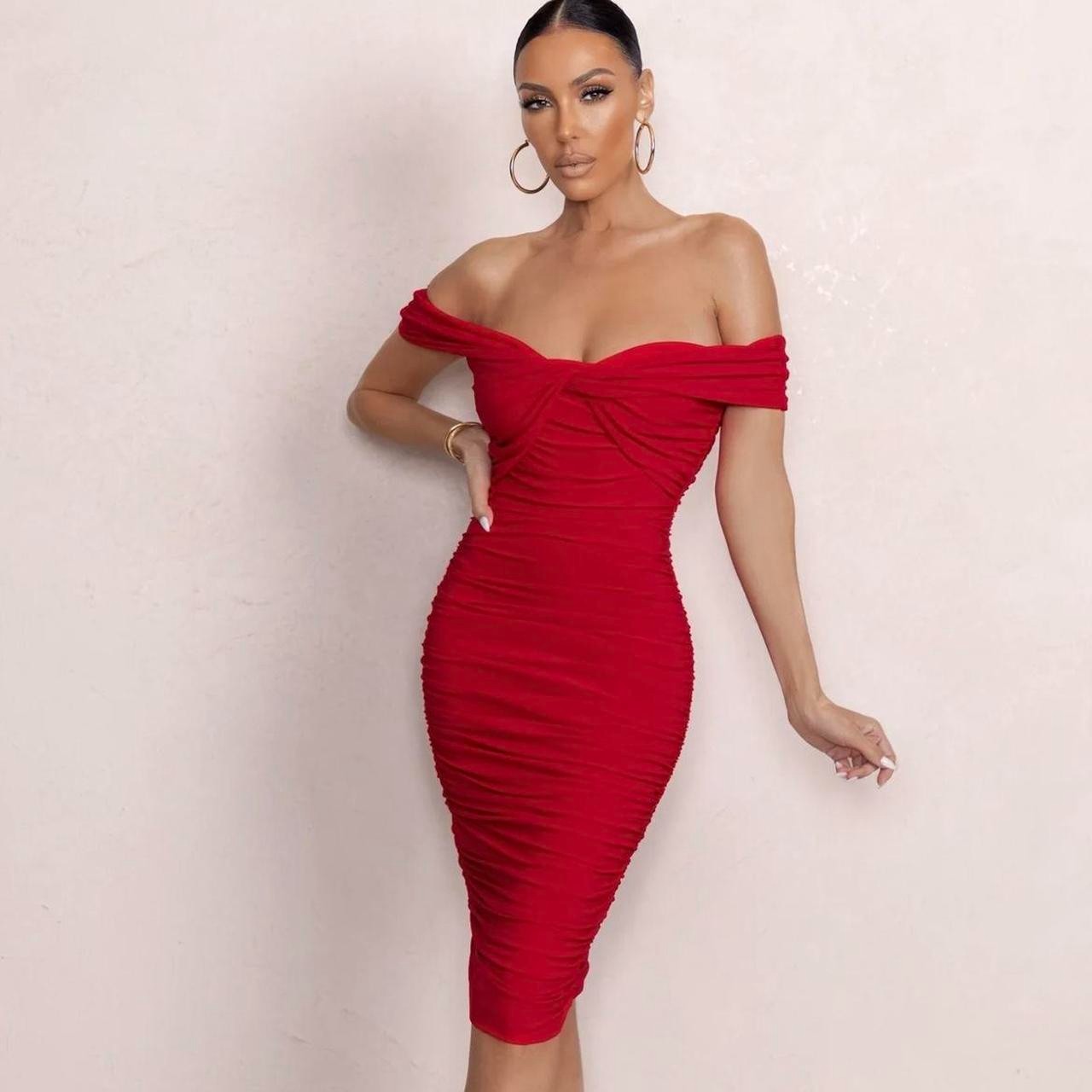 Club L Red Off The Shoulder Ruched Mini Dress Size 8 Bodycon Fitted RRP £75