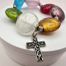 Vintage Y2K Silver Tone Beaded Bracelet Cross Charm Boho Women's Classic Jewelry