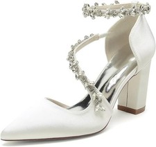 Block Heel Wedding Shoes for Bride Pointed Toe Rhinestones Strappy Bridal...