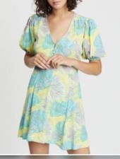 FAITHFUL THE BRAND Goldie Yellow Floral Crepe Rafa Midi Dress EUC Size 4