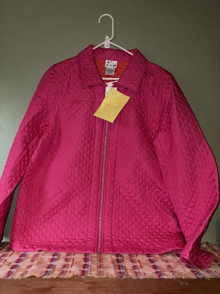 NWT Quacker Factory Jacket Large Pink Orange 100% Silk Quilted Rhinestone Zip - Image 2 of 4