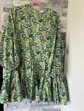 Women's RHODE Long Sleeve 100% Cotton Green Floral Mini Dress-Size Small